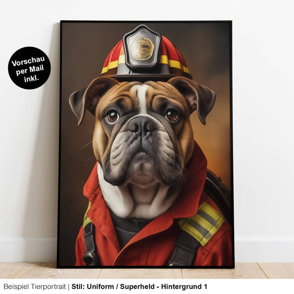 Hundeportrait Feuerwehrmann Kostüm